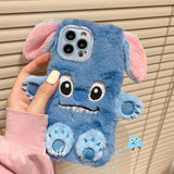3D Cartoon Cute Winter Plush Disney Stitch Phone Cases Couple Anti-drop Soft Cover